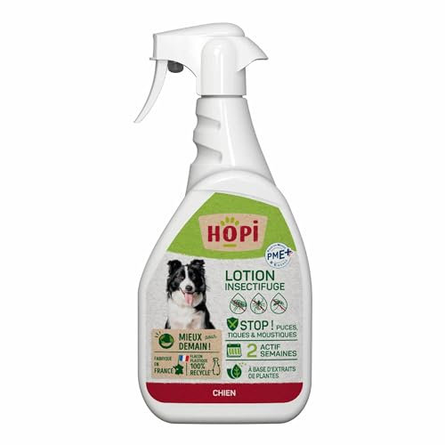 HOPI Spray Lotion Anti Puces Chien sans rinçage 500 ML - Protection idéale pour repousser Les Puces, Les Tiques et Les Moustiques - Extraits de Plantes - Pratique et Facile - Fabriqué en France