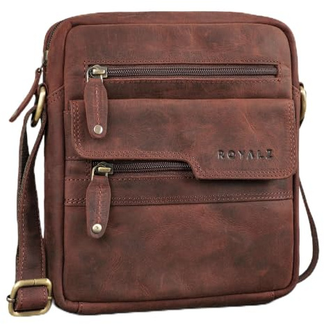 ROYALZ Oregon Leder Umhängetasche Herren Klein – Kompakte Echtleder Herrentasche Vintage, Kleine Schultertasche Herren, Crossbody Bag Leder, Messenger Bag Männer;Farbe:Montana Braun