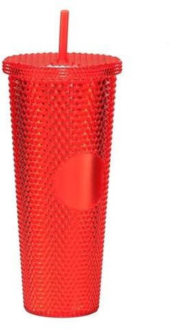 RYHMHA Nieten Becher, Diamond Thermobecher aus Kunststoff mit Strohhalm und Deckel, doppelwandiger Kaltbecher, Eiskaffee, Reisebecher, Partybecher, 710 ml, Rot
