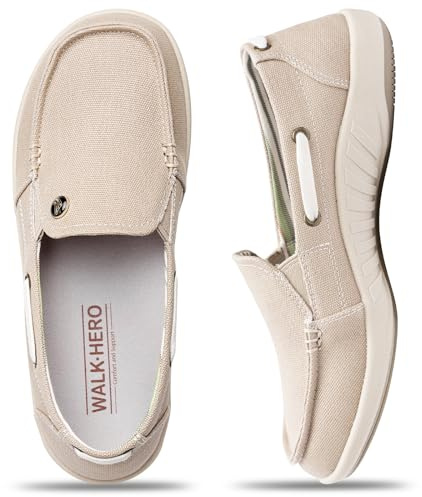 Womens Slip On Shoes - Casual Boat Loafers Shoes for Women with Arch Support - Plantar Fasciitis Canvas Sneakers for Daily Walking (9.5 Wide, Beige)