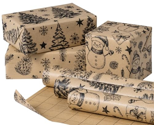 RUSPEPA Weihnachts-Geschenkpapierrolle aus Kraftpapier – Schwarzer Baum, Schneemann und Tannenzapfen – 43,2 cm x 3 m pro Rolle, insgesamt 3 Rollen