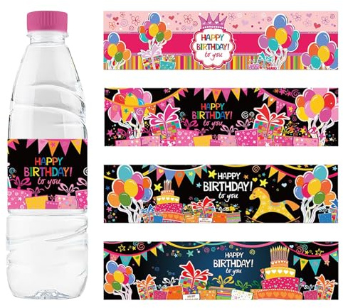 URROMA Etiquetas para botellas de agua, 48 calcomanías impermeables para botellas de feliz cumpleaños, pancarta de globos rosa y negro, con temática de feliz cumpleaños