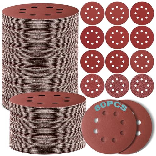 Sinofort 80 Pezzi Dischi Abrasivi 125mm, 8 Fori Rotondi Carta Abrasiva, Dischi Carta Vetrata per Levigatrice Orbitale Casuale (Grana 2000/1500/1200/1000/800/600/400/320/240/180/120/80/60/40)