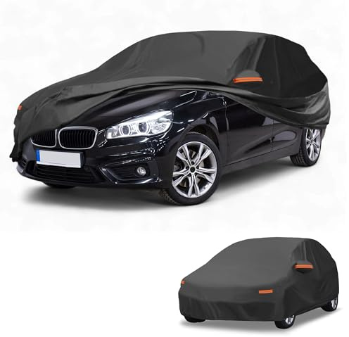 Partuto Funda de Coche Impermeable para Todo Clima Protección Solar y contra la Lluvia Exterior Completa para BMW Serie 2 Hatchback Película de Aluminio Negra con Franjas Reflectantes