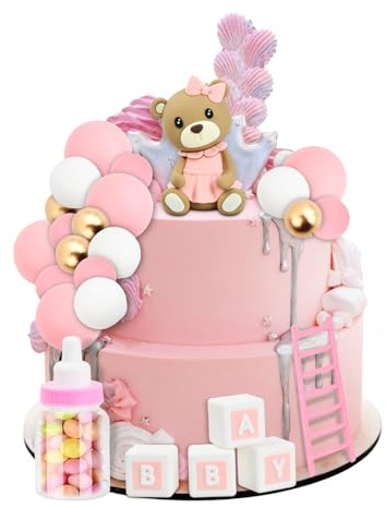 Tortendeko für Mädchen und Baby Babyparty Kuchen Deko, mit Rosa Kleiner Bär Puppen und DIY Kuchentopper Kugeln, Ideal für Baby Junge Mädchen Geburtstag Party Deko