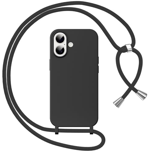 Woijrly Handyband für iPhone 16 Hülle mit Band, Weiche TPU Silikon Necklace Handyhülle mit Abnehmbar Kordel, Verstellbar, Stossfest Handy Schutzhülle für iPhone 16, Schwarz