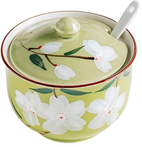 CvbGNJm Zuccheriera, zuccheriera, zuccheriera pastorale con coperchio e cucchiaio, barattolo di zucchero con fiori di ciliegio, zuccheriera dipinta a mano, contenitore for condimenti(Green)