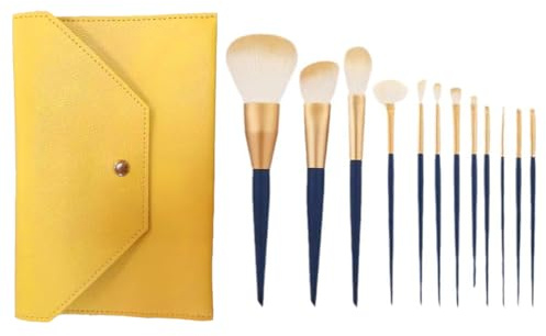 Makeupborstset 12 delar, rosa sminkborste-set, resesminkborstar set med fodral, syntetisk fiber foundation rouge concealer (blå + sminkborsthållare)