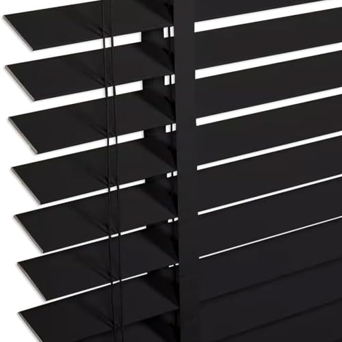 Indoor Wooden Privacy Blinds, Waterproof Horizontal Shades Curtain, 2 Slats Solid Wood Darkening Venetian Blind 24 32 36 40 46 52 60 W Cordless Light Filtering Blinds for Windows(Black)