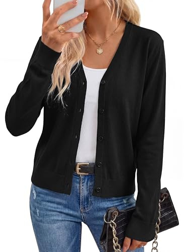 Arach&Cloz Strickjacke Damen Wolle Blend Langarm Cardigan V Ausschnitt Strickmantel Solid Strickpullover mit Knopf (A-Schwarz,M)