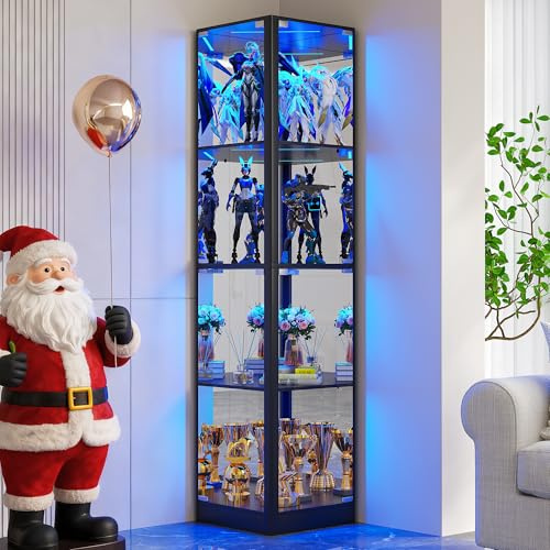 Dystler Corner Display Cabinet with Glass Doors & LED Lights | 68 Tall, Human Sensor Lights, 4-Tier, Display Case for Collectibles, Modern Storage Cabinet