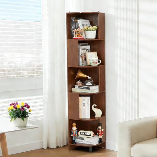 TerraVibe Regal Schlafzimmer 5-Ebenen Book Shelf – Regal schmal hoch als Eckunterschrank, Aufbewahrungsregal und Bücherturm freistehend, Eckregal Balkon und Lagerregal für Wohnzimmer Büro (braun)