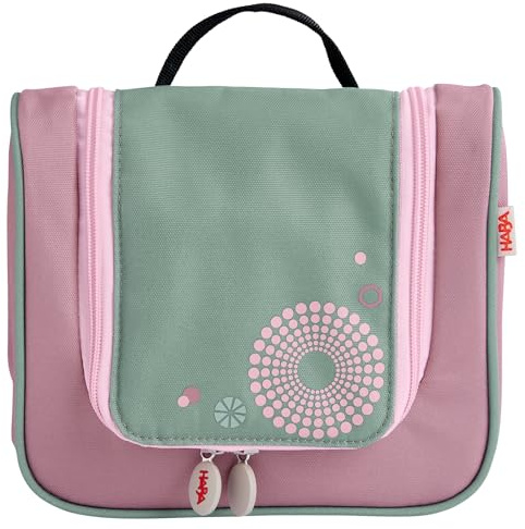 HABA Kinder-Kulturbeutel Salbei – Waschtasche zum Hängen oder Stellen aus recyceltem Polyester, mit Hauptfach, Reißverschlussfach & Netztaschen – ab 2 Jahren 2012726002