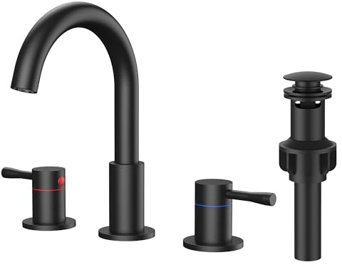 FORIOUS Black Bathroom Faucet 3 Hole, 360° Swivel 8 Inch Widespread Bathroom Sink Faucet with Deck Plate and Pop Up Drain 2 Handle Faucets for Sink, Vanity, RV, Lavatory, Farmhouse