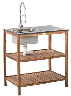 Beliani Isla de Cocina Exterior de Madera de Acacia con Fregadero y Grifo 2 estantes 80 x 50 x 83 cm encimera de Acero marrón con Plateado Brucoli