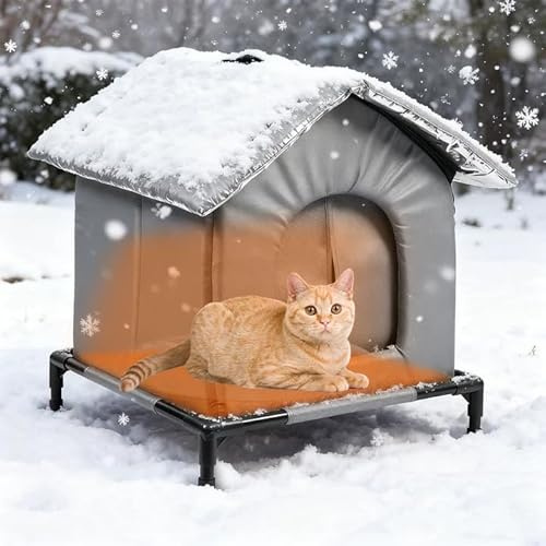 TECKZOON Winterfestes Katzenhaus für Außenbereich, Beheiztes Katzenhaus Wasserdichter Unterschlupf für Streunende Katzen, Isoliertes Haustierhaus mit Erhöhtem Boden und Kissen für Wildkatzen