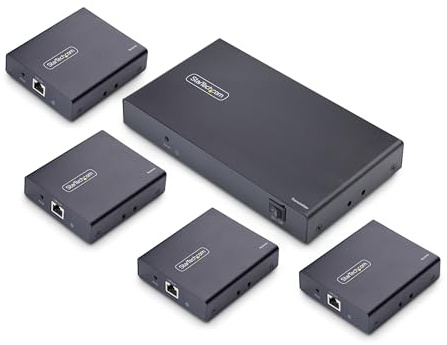 StarTech 1x4 HDMI Extender Splitter Over CAT6, 4K 60Hz, 70m, 4-Display | One transmitter to four receivers, Power over cable, 2ch audio, No drivers, Boardroom and signage, Wall or ceiling