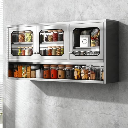 WWK Fully-Assembled Stainless Steel Kitchen Wall Cabinet with Glass Doors, Wall-Mounted Storage Cabinet with Adjustable Shelves for Garage, Kitchen, Bathroom, Outdoor, 8.66”D x 45.28”W x 27.56”H
