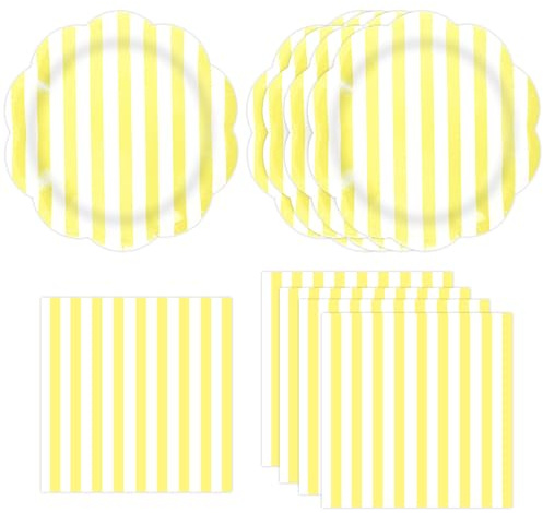 DHAIQC 50 Pièces Vaisselle Jetable Anniversaire Rayée, Jaune Blanc Assiettes en Carton et Serviettes Pour Gâteaux Desserts Anniversaires Baby Showers Mariages Fete Décorations (Jaune)