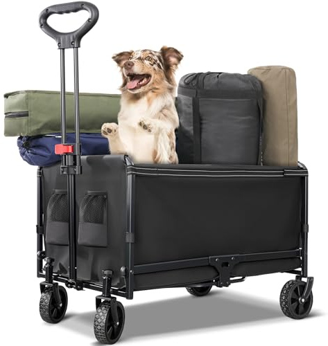 Bollerwagen Faltbar 120L, Bis 120kg mit Regenschutz, Reflektorstreifen | Strandwagen Klappbar mit Becherhalter, Faltbarer Bollerwagen Für Hunde, Einkaufen, Camping, Strand, Transport, Outdoor