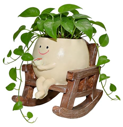 KBIBCK Smile Face Planter Pot, Cute Rocking Chair Plant Pots, Funny Face Planter Pots Head with Drainage Hole, Resin Flower Head Planter, Indoor and Outdoor Succulent Pot for Home Decor Gift