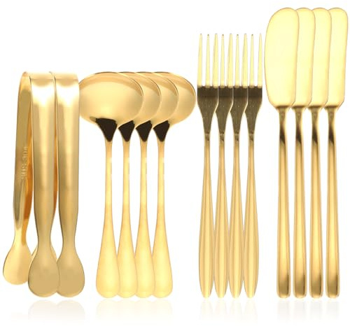 Veemoon Set de 14 Ustensiles en Acier Inoxydable Doré Comprenant Couteaux à Beurre Multifonctions Fourchettes à Fromage Multifonctions Cuillères à Dessert et Pince à Sucre Cuisine