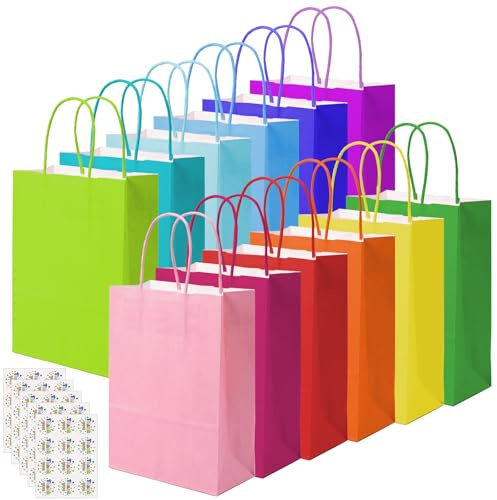 60 Stück Papiertüten mit Henkel, 16x8x22cm Kraft-Geschenktüten + 60 Danke-Stickern – Süßigkeiten-Tüten für Feierlichkeiten, Geburtstage, Halloween, Weihnachten & Hochzeiten
