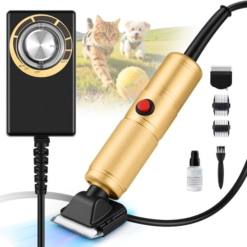 Moongiantgo Tosatrice per Cani Professionale da 300W, Controllo della Velocità 2000-6000RPM, Lame in Ceramica Rimovibili, Rasoio per Cani con 1 Lama Extra & 2 Pettini (Dorato)