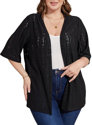 Kervesk Plus Size Cardigans for Women Half Sleeve Dressy Casual Jacquard Kimono Cover Ups Black 4X-Large