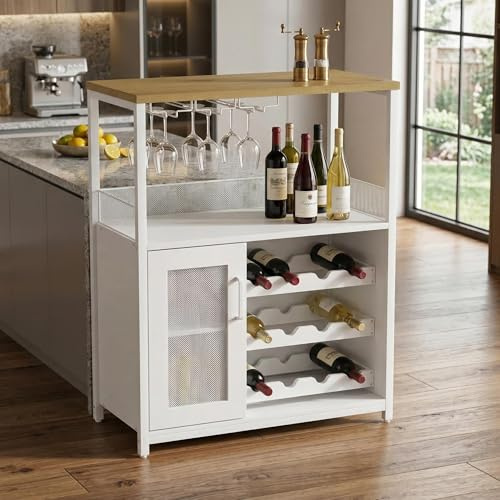 JOLLYTOP Weinbar Schrank 36 – Kompakter Bar Schrank Mit Verstellbaren Ablagen, Glashalter & Metallgittertür – Liquorschrank & Kaffeebar Möbel Für Küche & Esszimmer,Weiß