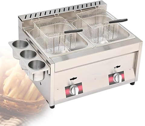 Friggitrice Da Banco a Gas Friggitrice Gas Professionale, Vasca Singola, Doppia O Tripla, Protezione Da Surriscaldamento, Adatta per Fast Food E Snack Bar(2 tank)