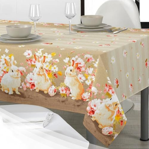 Generico Tovaglia Pasquale in Cotone con Stampa Digitale ad Alta Definizione, Motivo Coniglio e Uova, Rettangolare per 6-12-18 Persone (140x245 cm per 12 posti)