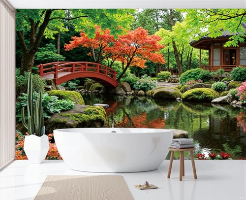 Carta da parati Fotomurale 350x256cm Pittura a Giardino giapponese Piante da laghetto per ponti ad arco in Seta, Verde Moda Moderne Decorazione da Muro Poster Soggiorno Camera De Letto Sala Ufficio