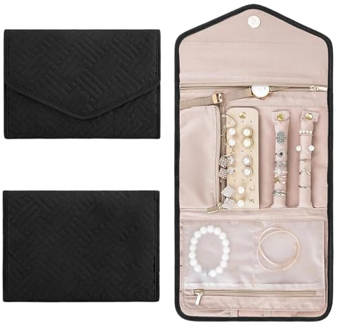 ZXTGBQ Schmuck Organizer Tasche für Ohrringe, Ringe, Halsketten, Uhren, Tragbare Reise Schmuckaufbewahrung für Mädchen und Frauen, Schwarz
