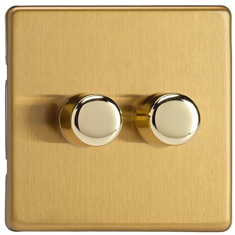 Varilight 2-Gang 2-Way V-Pro Push On/Off Rotary LED Dimmer 2 x 0-120W Brushed Brass