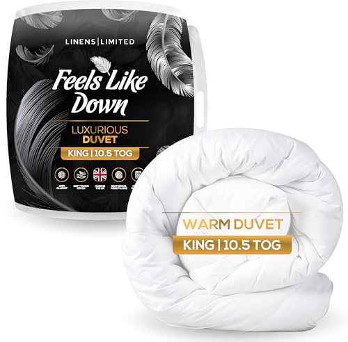 Linens Limited King Size Duvet 10.5 Tog, Made in the UK, Feels Like Down, Luxurious Quilt, Soft and Comfy, Ultra-Fine Siliconised Hollowfibre, Machine Washable (White)