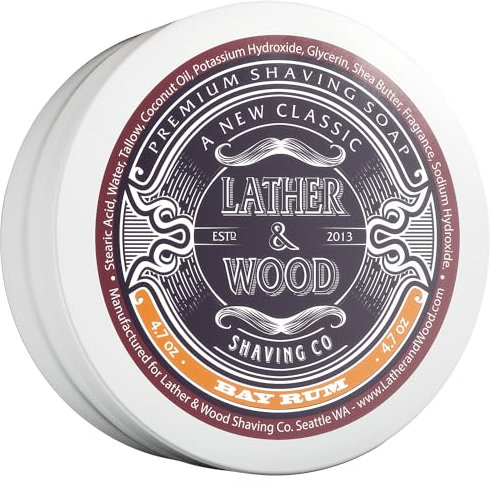 Lather & Wood Shaving Soap - Bay Rum - Simply the Best Luxury Shaving Cream - Tallow - Dense Lather with Fantastic Scent for the Worlds Best Wet Shaving Routine. 4.6 oz (Bay Rum)