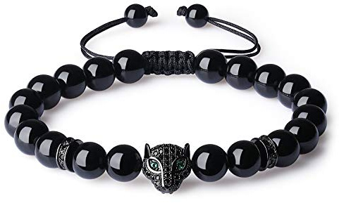 COAI Pulsera Ajustable con Cuentas de Turmalina Negra Piedra Natural y Amuleto Leopardo para Hombre y Mujer