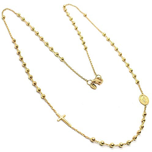 Rosenkranz-Halskette, 50 cm, Gelbgold 750, 18 K, Medaillon, Kreuz, Seiten, glatte Kugeln, 2 mm, hergestellt in Italien