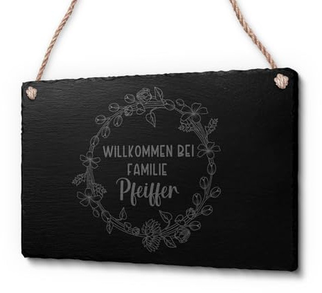 Schöne Schiefer Türschilder für die Haustür mit Gravur | Schiefer-Schild mit Kordel zum Aufhängen in ca. 22x14 cm gravierte Namensschilder Klingelschilder mit Namen oder Texten Herzlich Willkommen