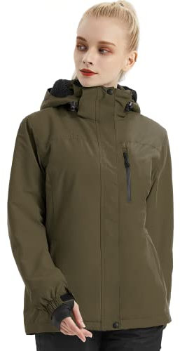 FREE SOLDIER Damen Wasserdicht Skijacke Fleece Gefüttert Warm Winter Regenjacke mit Kapuze - Grün - X-Large