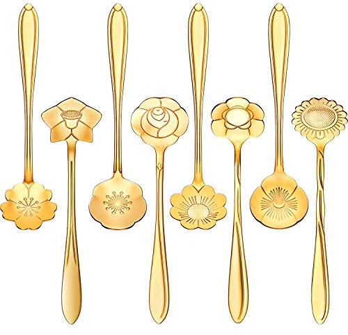 Chengu 8 Pieces Flower Coffee Tea Spoons Stainless Steel Sugar Spoons Tea Party Flower Fancy Tableware Set Stir Bar Creative Stirring Teaspoon, 8 Different Patterns(Gold)