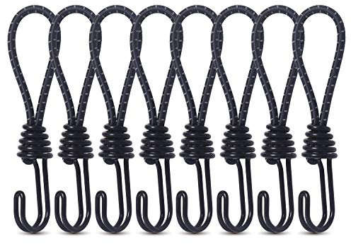 Hikeman 8 Pack 8mm Bungee Cord Hooks Black Anti-Rust Paint Spiral Wire Hooks with Separable Reflective Elastic Rope Heavy Duty Strapping Tape Hooks for Camping Trucks Boats (Black)