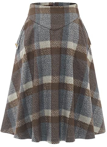 Bbonlinedress Jupe Longue Femme Hiver Elégante à Carreaux en Tartan Plaid Style Vintage A-Ligne Taille Haute au Moellet avec Poches Swing évasée Brown Grey Plaid M