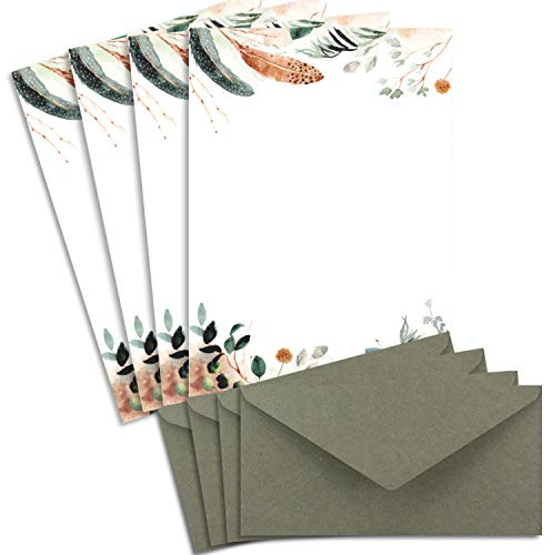 25 Briefbogen-Sets DIN A4 - Naturpapier in Creme Natur Potpourri mit Federn und Zweigen - mit Briefumschlägen DIN Lang in Kraftpapier Grau/Grün Briefpapier bedruckbar ideal für Hochzeitseinladungen