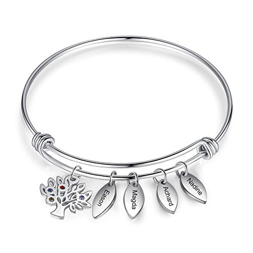 Jessemade Bracelets personnalisables Bracelets de famille en acier inoxydable Bracelet de nom réglable à graver avec pierres de naissance simulées et pendentif arbre de vie