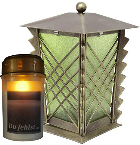 Grablaterne Stahl mit Gittern und grünem Glas inkl. LED-Kerze 21 cm (Bronze)