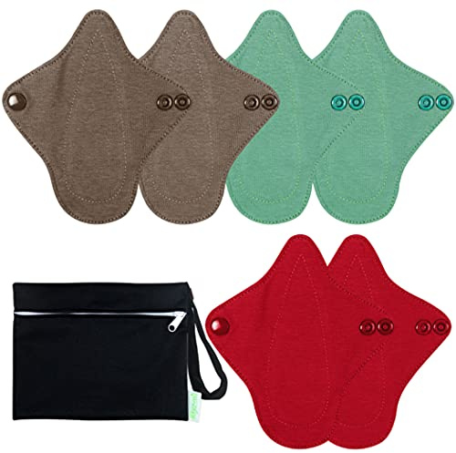 wegreeco 6 Pc Reusable Menstrual Pads, Ultra Thin Pantiliners for Thongs, Cloth Pads, Panty Liners for Teens, Women, Nonslip Thong Pantiliners + 1 Pc Wet Bag (Aqua, Burgundy, Coffee, XS)