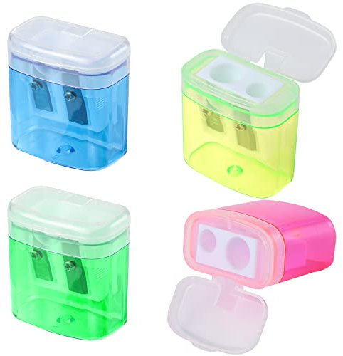 kuou 4 Pcs Pencil Sharpeners , Manual Pencil Sharpener with Cover Dual Hole Pencil Sharpener Manual for Kids Students School Home Office Supply, Multicolor