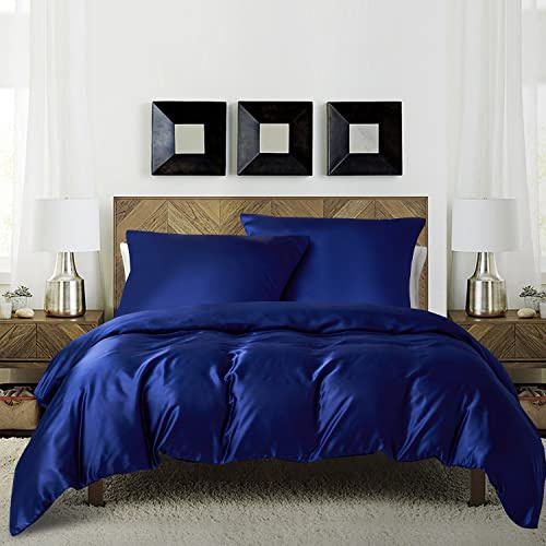 Luofanfei Bettwäsche Satin 220x240 Blau Marineblau Glänzend Seide Glatt Einfarbig Bettwäsche Set Luxus Glanzsatin Polyester Bettbezug Doppelbett Set mit Reissverschluss und Kissenbezüge 80x80 cm